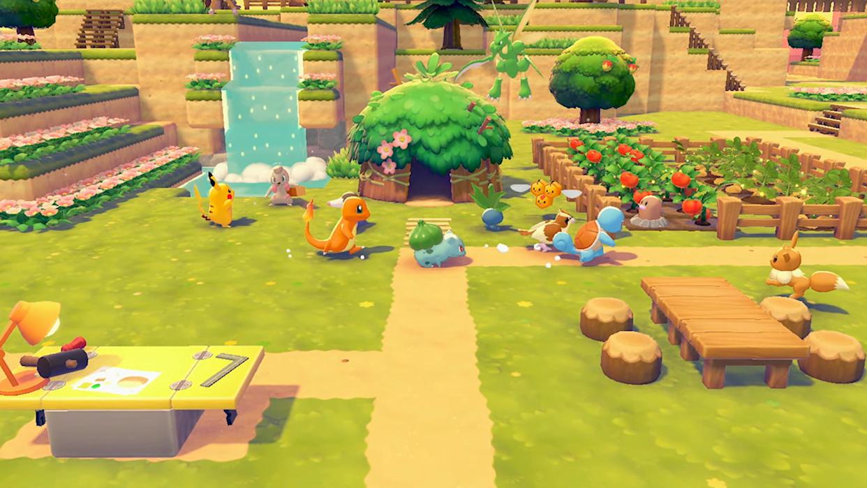 Scène de village dans Pokémon Pokopia avec des Pokémon récoltant et jouant dans un jardin