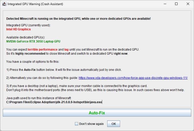 Avertissement de Crash Assistant indiquant que Minecraft utilise le GPU intégré.