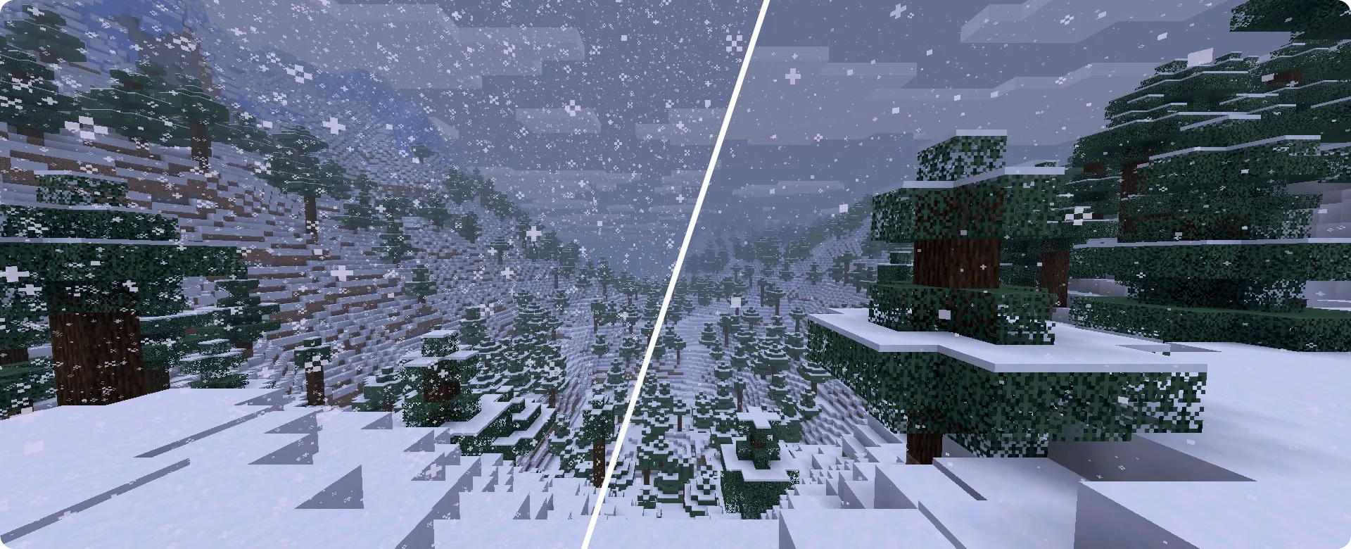 Différence visuelle de la neige avant et après l’installation du pack de textures Fresh Environment dans Minecraft