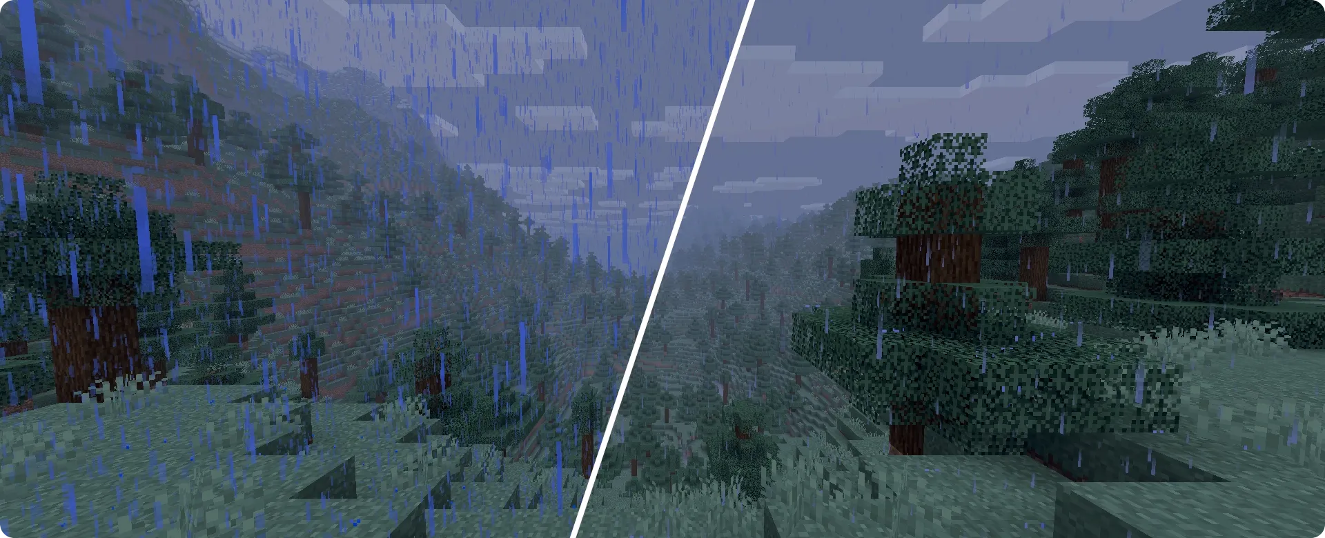 Comparaison de la pluie dans Minecraft avant et après l’application du pack Fresh Environment.