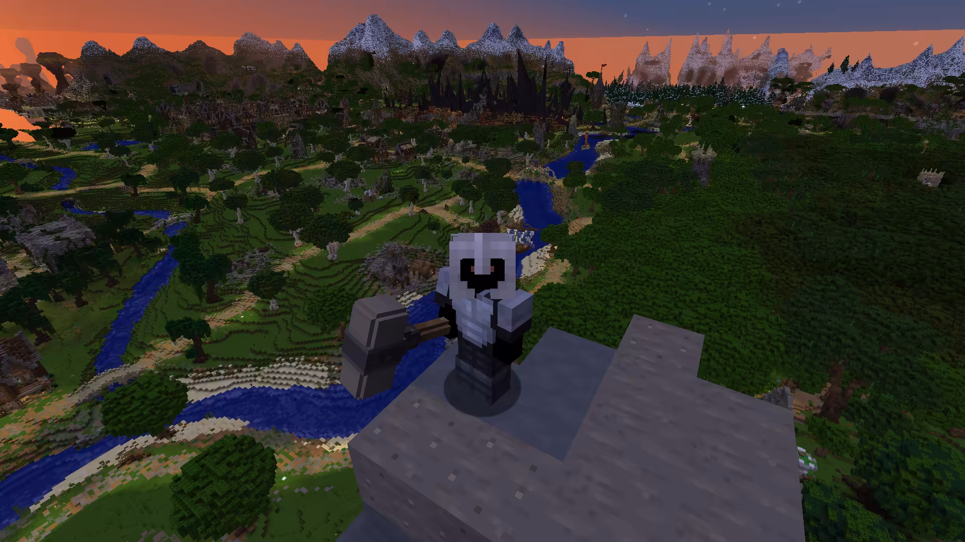 Vue panoramique Minecraft montrant une distance d'affichage étendue avec le mod Bobby, révélant montagnes, forêts et rivières jusqu'à l'horizon au crépuscule