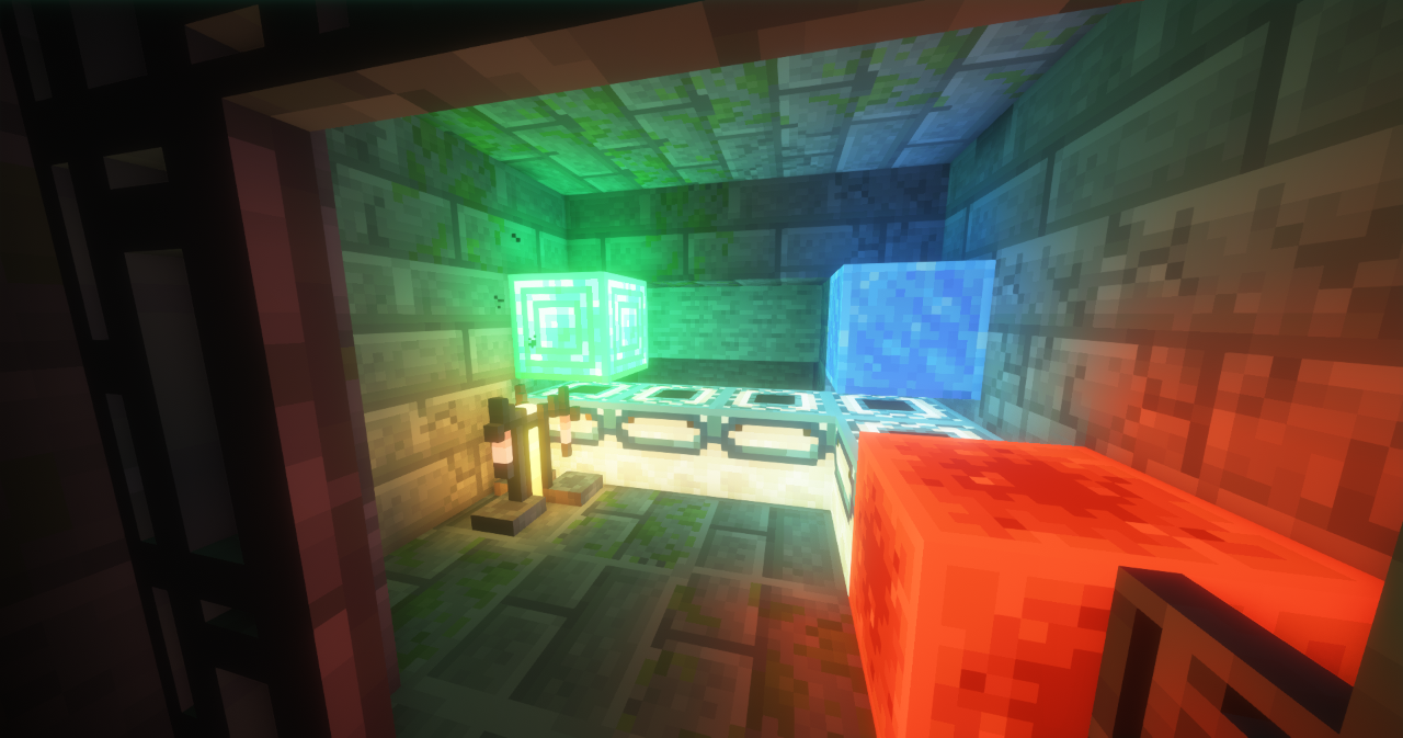Rendu Photonics montrant l'éclairage coloré et les ombres projetées par des blocs lumineux dans une pièce Minecraft