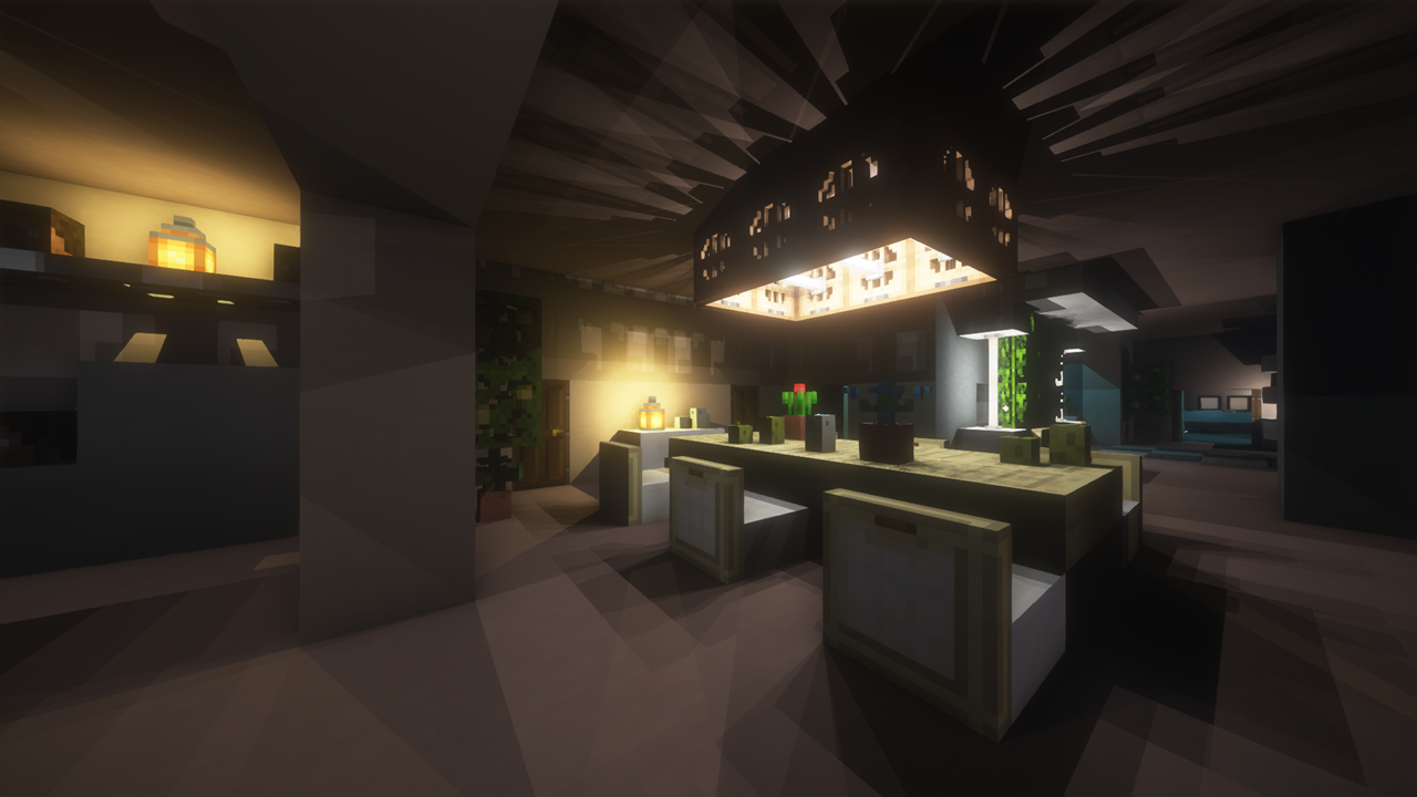 Intérieur Minecraft avec lustre et ombres réalistes générées par le moteur de raytracing Photonics