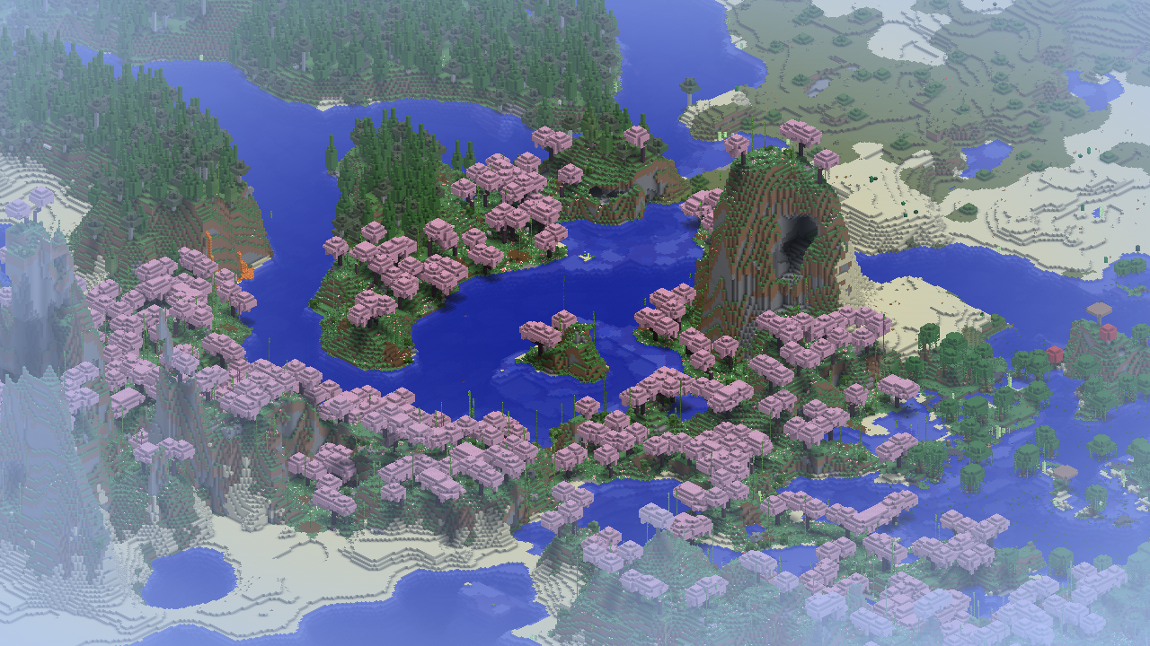 Vue isométrique Minecraft d’un biome de cerisiers capturée avec Picture Mode.