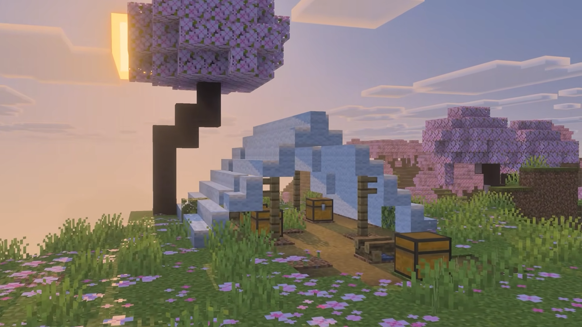 Camp abandonné Minecraft avec tentes et coffres au coucher du soleil