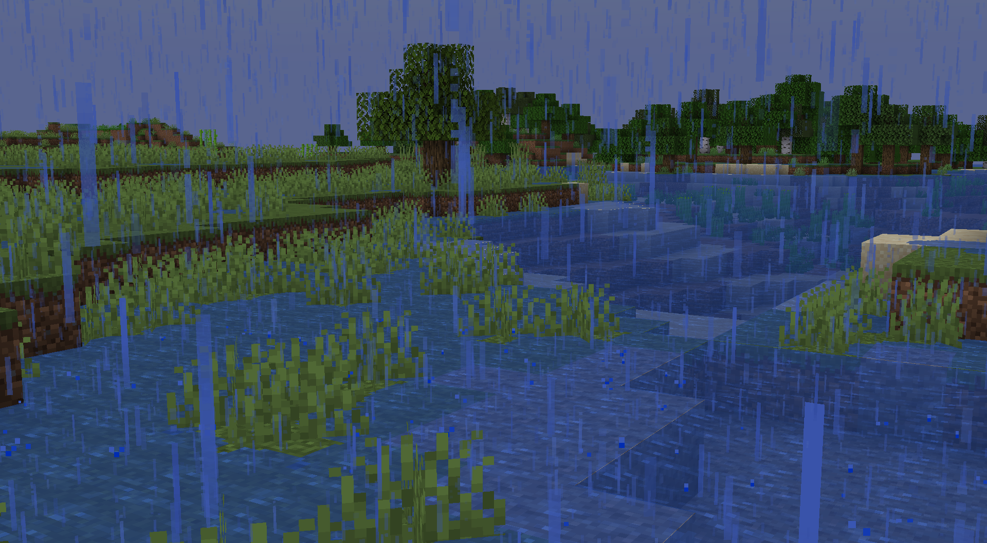 Berge de rivière partiellement inondée dans Minecraft avec le mod Puddles & Floods