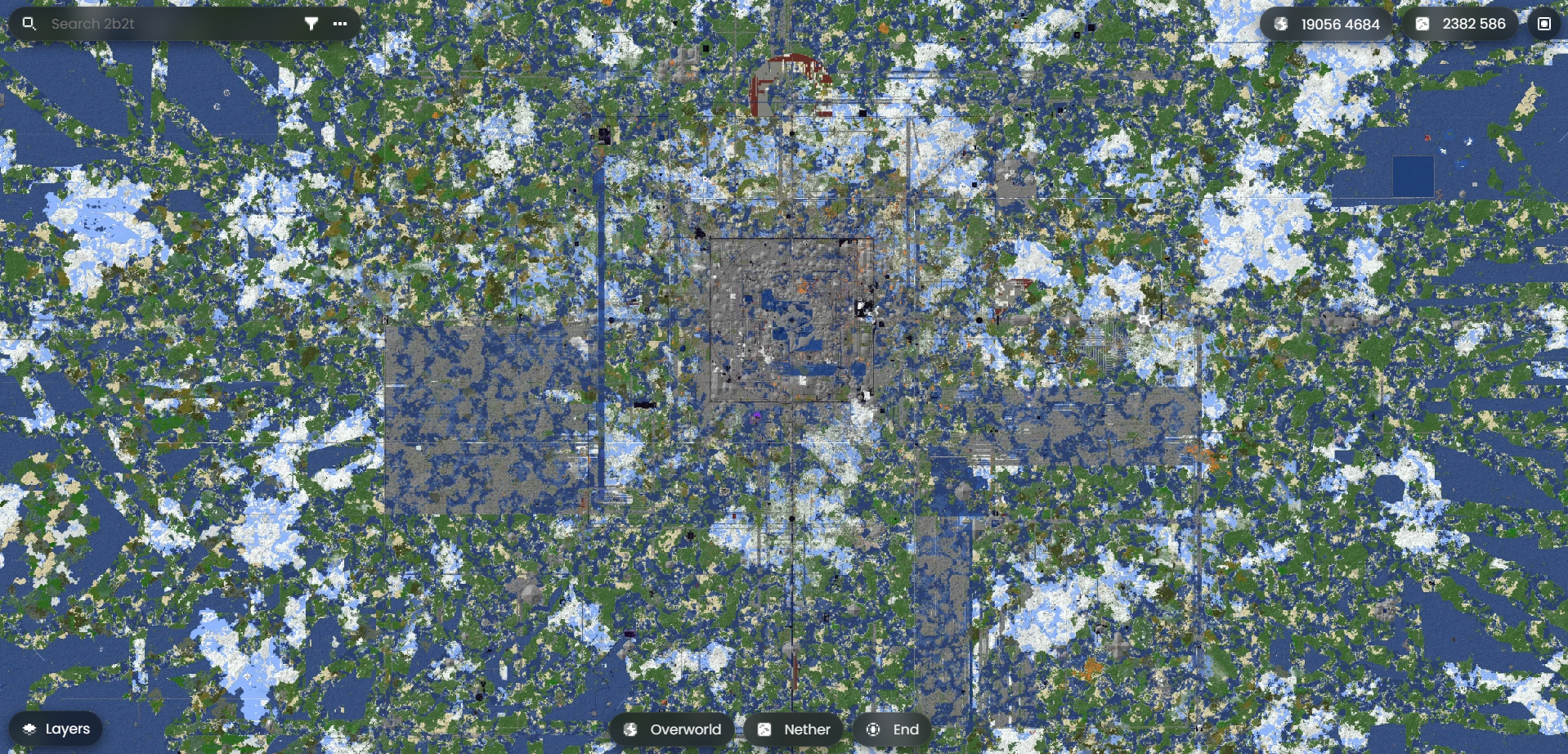 Carte interactive du serveur Minecraft 2b2t avec zones modifiées visibles