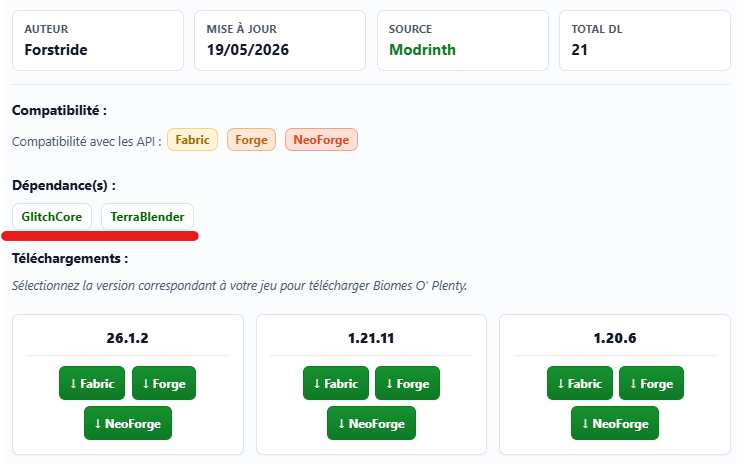 Exemple de mod Minecraft avec dépendance à installer