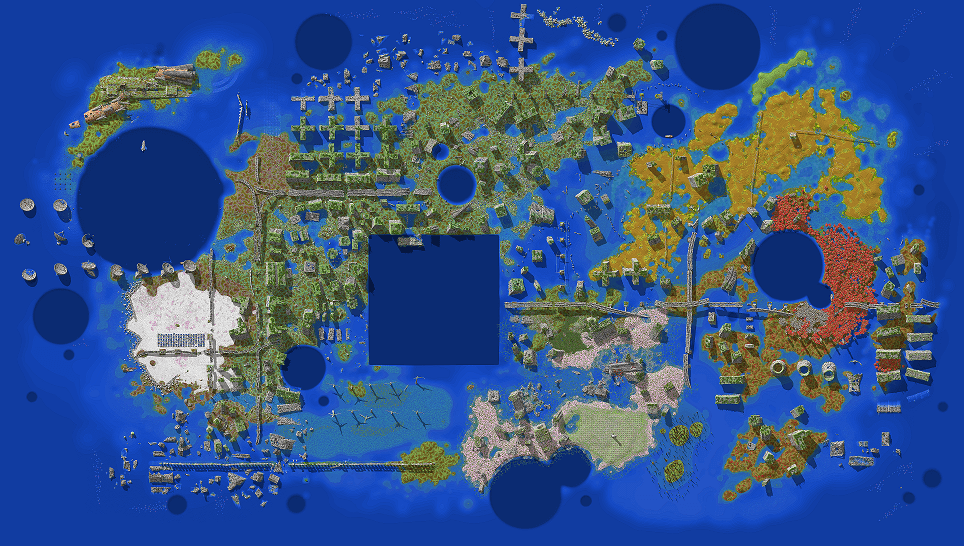 Carte générale de Tideworn dans Minecraft avec plusieurs zones colorées et une ville inondée.