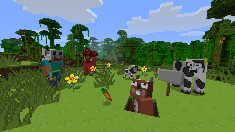 Aperçu de plusieurs entités Minecraft avec les textures cartoon du pack, dans un environnement végétal.