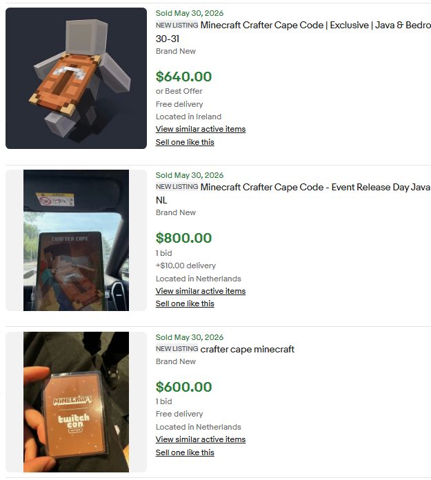 Annonces eBay de codes pour la Crafter Cape Minecraft vendus entre 600 et 800 dollars après la TwitchCon.