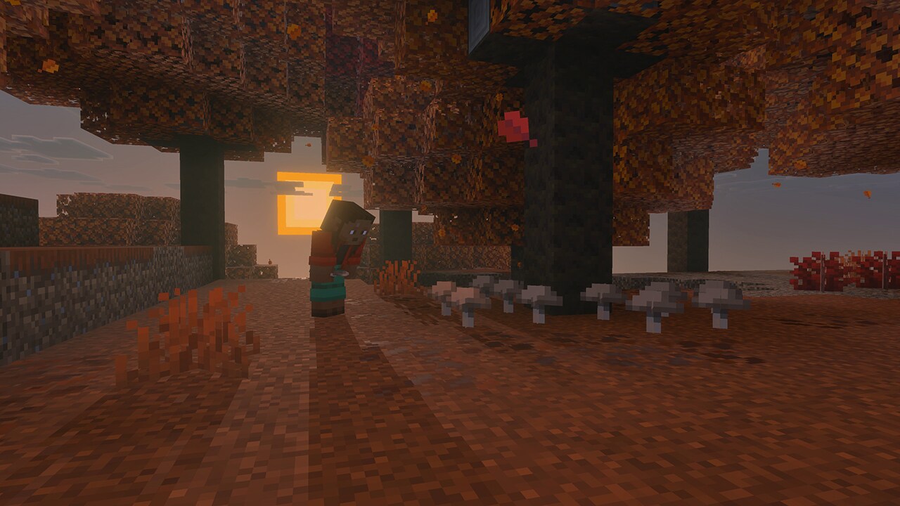 Sous-bois d’une forêt tachetée dans Minecraft avec feuilles au sol et champignons