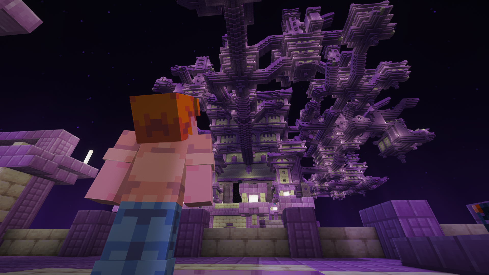 Joueur Minecraft observant une grande structure violette de Dungeons and Taverns dans l’End avec Vanilla Perfected.