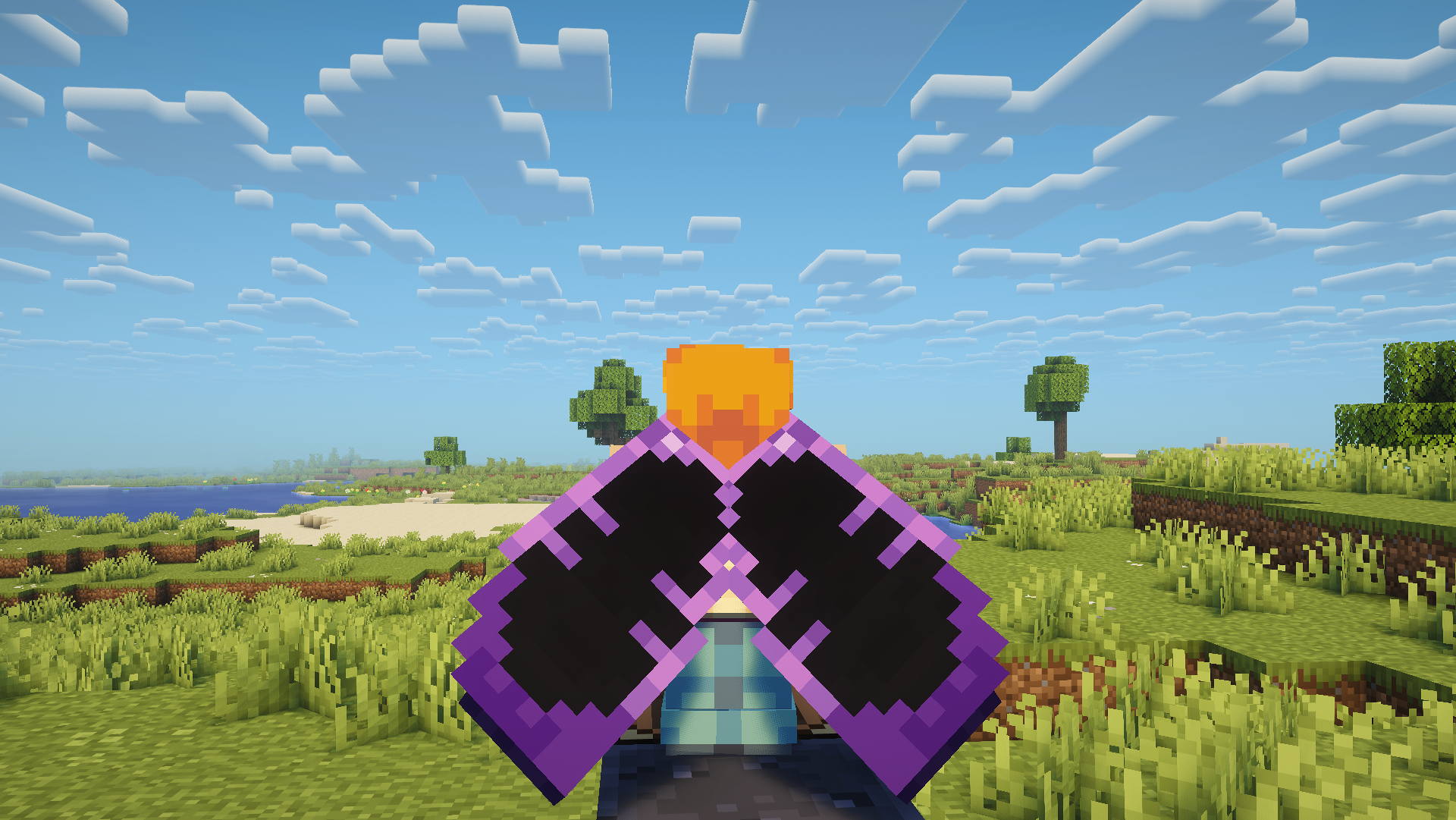 Joueur Minecraft portant des élytres violettes personnalisées avec le mod Customizable Elytras.