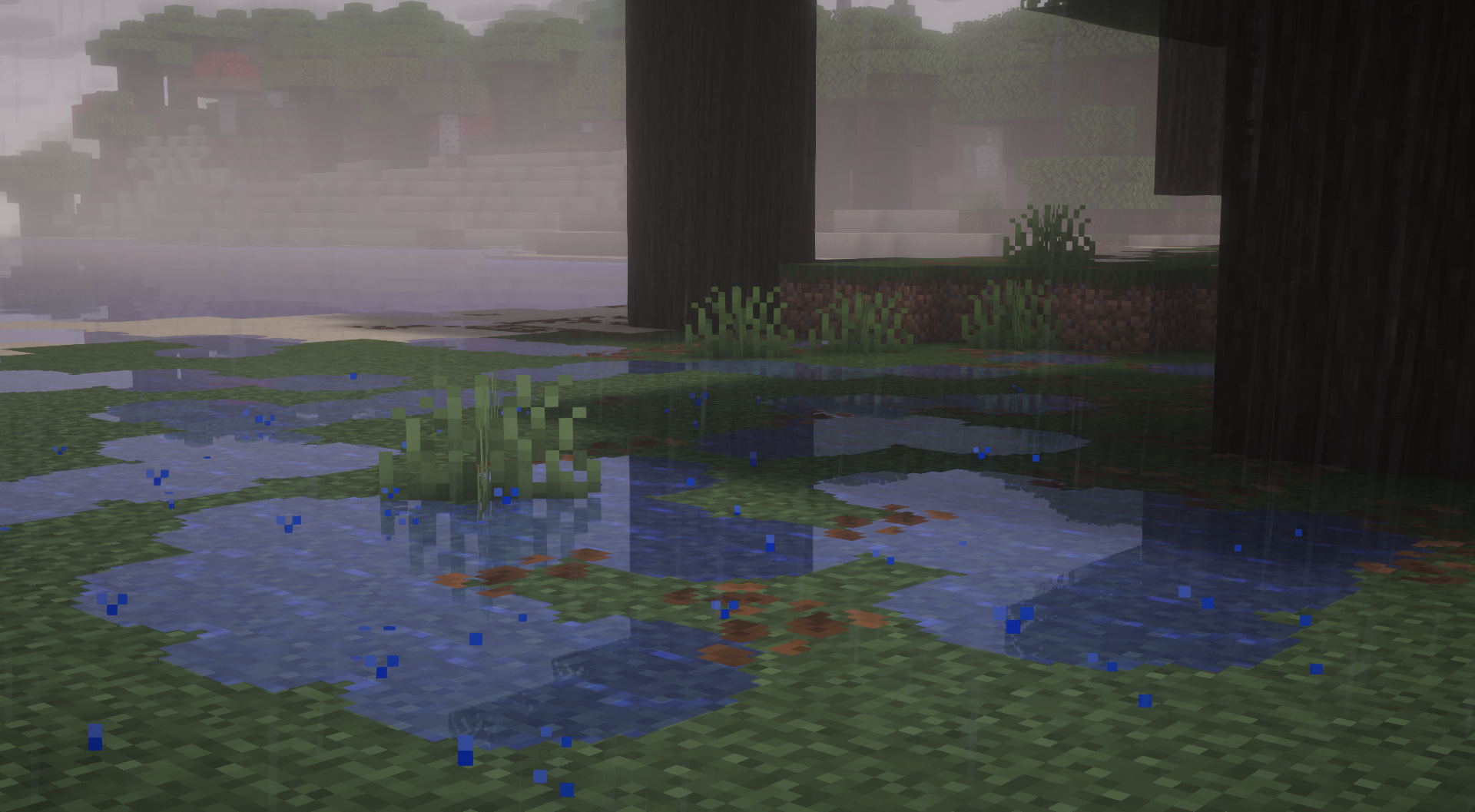 Flaques d’eau dans un monde Minecraft avec shaders activés grâce au mod Puddles & Floods