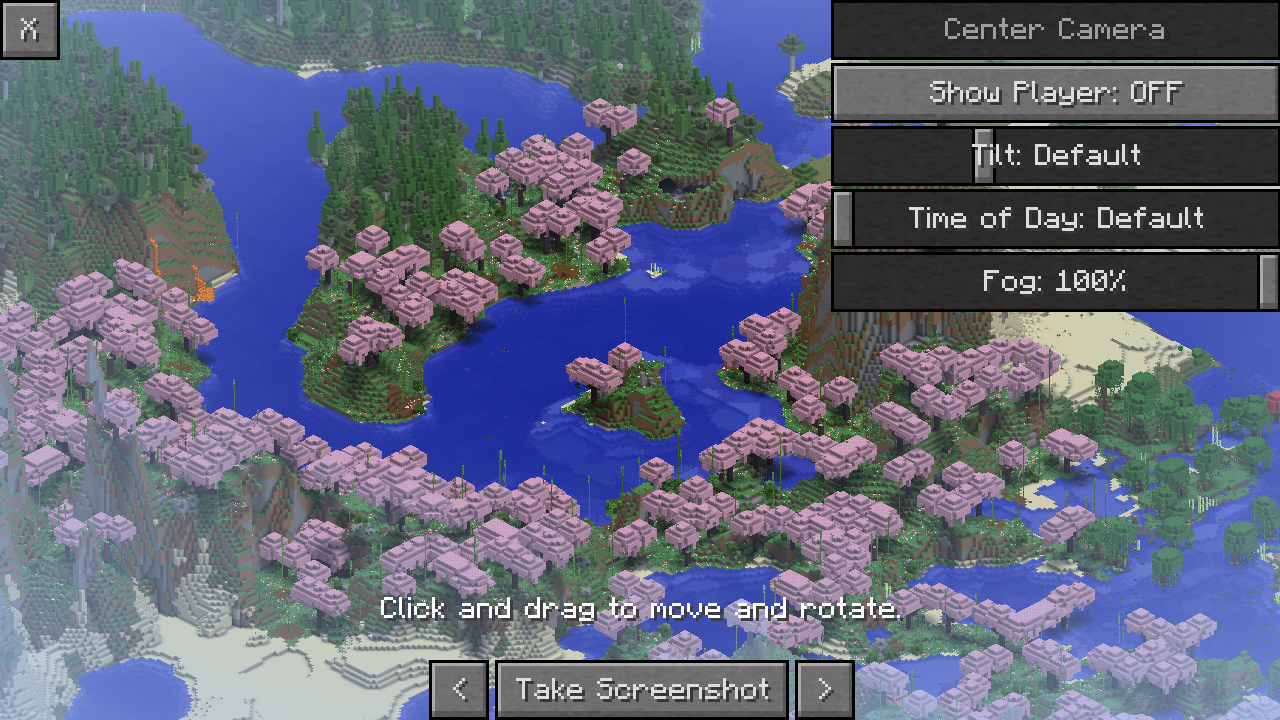 Interface du mod Picture Mode avec options de caméra, brouillard et capture d’écran dans Minecraft.