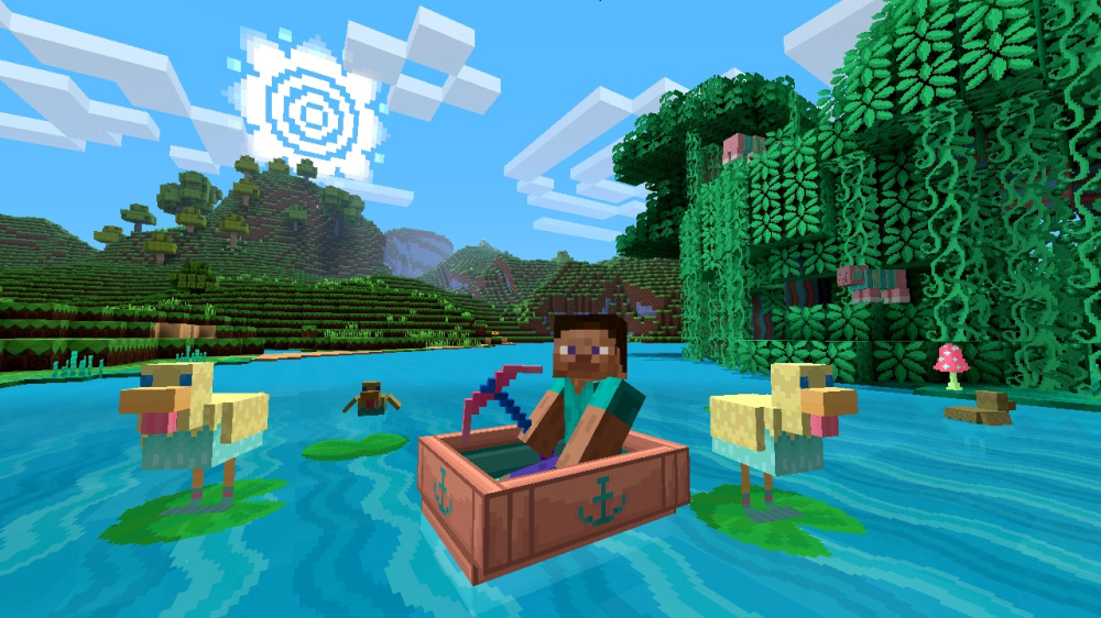 Rivière Minecraft avec Pattern Texture Pack, barque, canards et végétation colorée