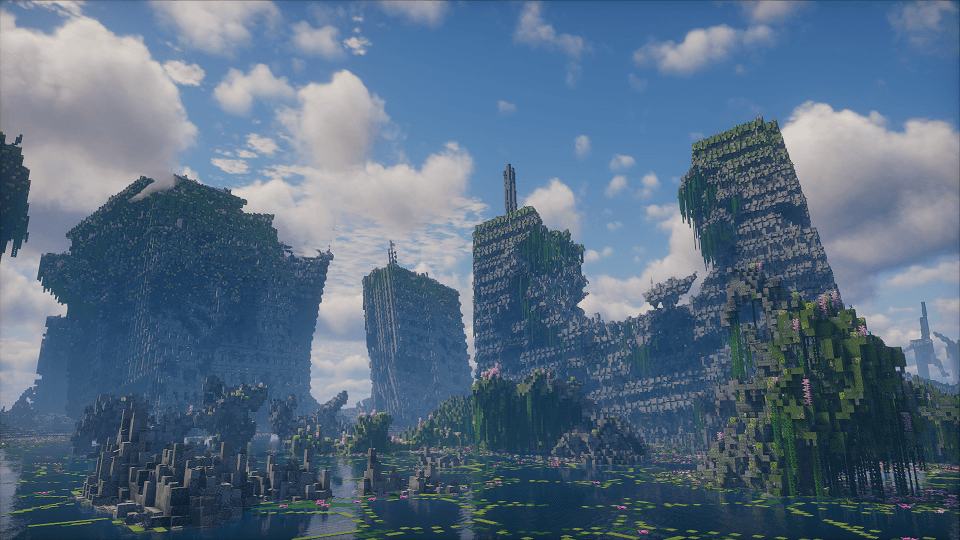 Immeubles abandonnés et envahis par la végétation dans la carte Minecraft Tideworn.