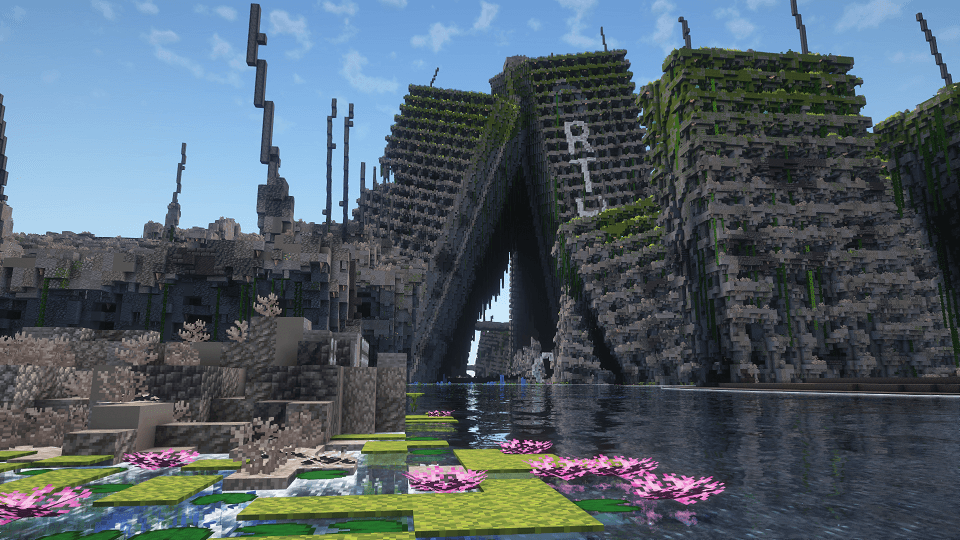 Route et bâtiments détruits dans une zone inondée de Tideworn sur Minecraft.