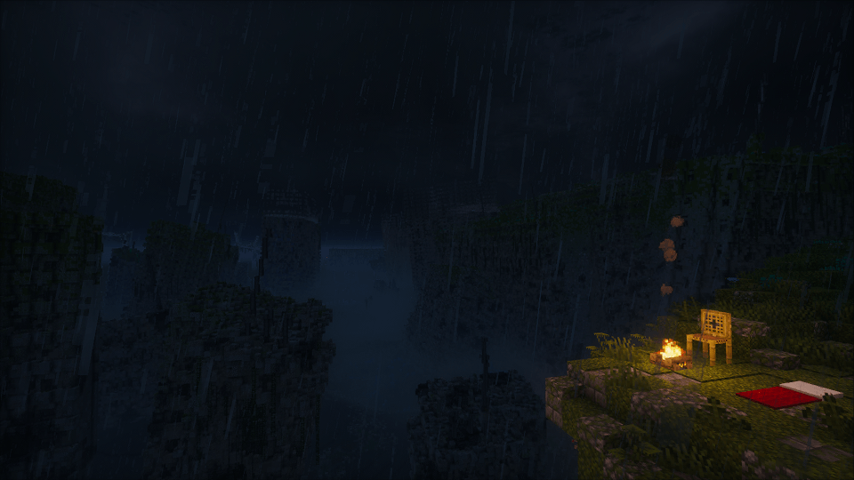 Petit campement sous la pluie au bord d’une zone inondée dans Tideworn Minecraft.