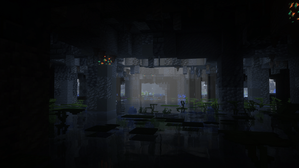 Intérieur sombre et inondé d’un bâtiment en ruine dans Tideworn Minecraft.
