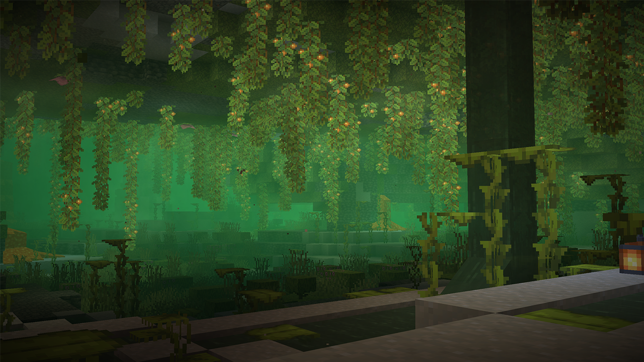 Grotte luxuriante dans Minecraft avec particules et brouillard coloré