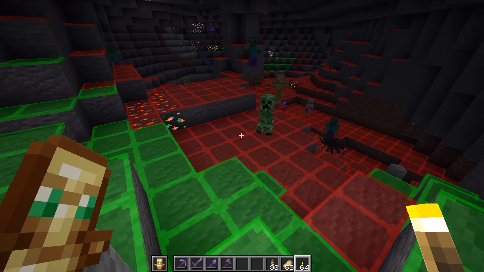 Grotte Minecraft avec les zones d’apparition des monstres affichées en rouge et les zones sécurisées affichées en vert grâce à Lighty.