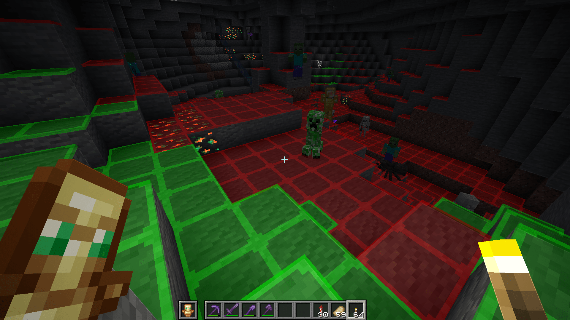 Grotte Minecraft avec les zones d’apparition des monstres affichées en rouge et les zones sécurisées affichées en vert grâce à Lighty.