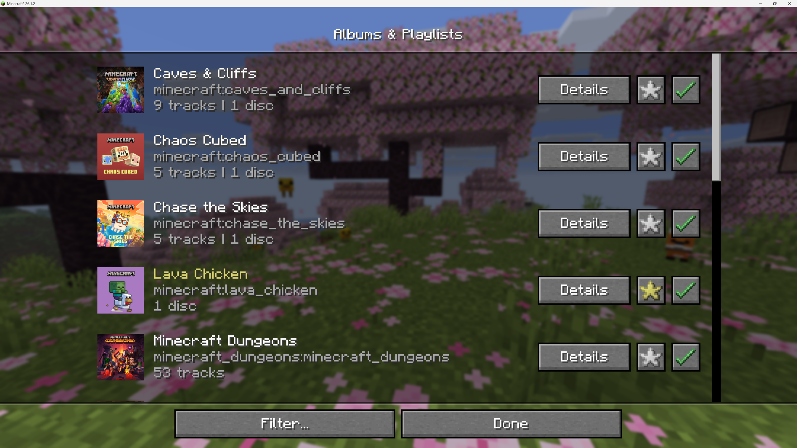 Menu des albums et playlists du mod Music & Melody pour Minecraft