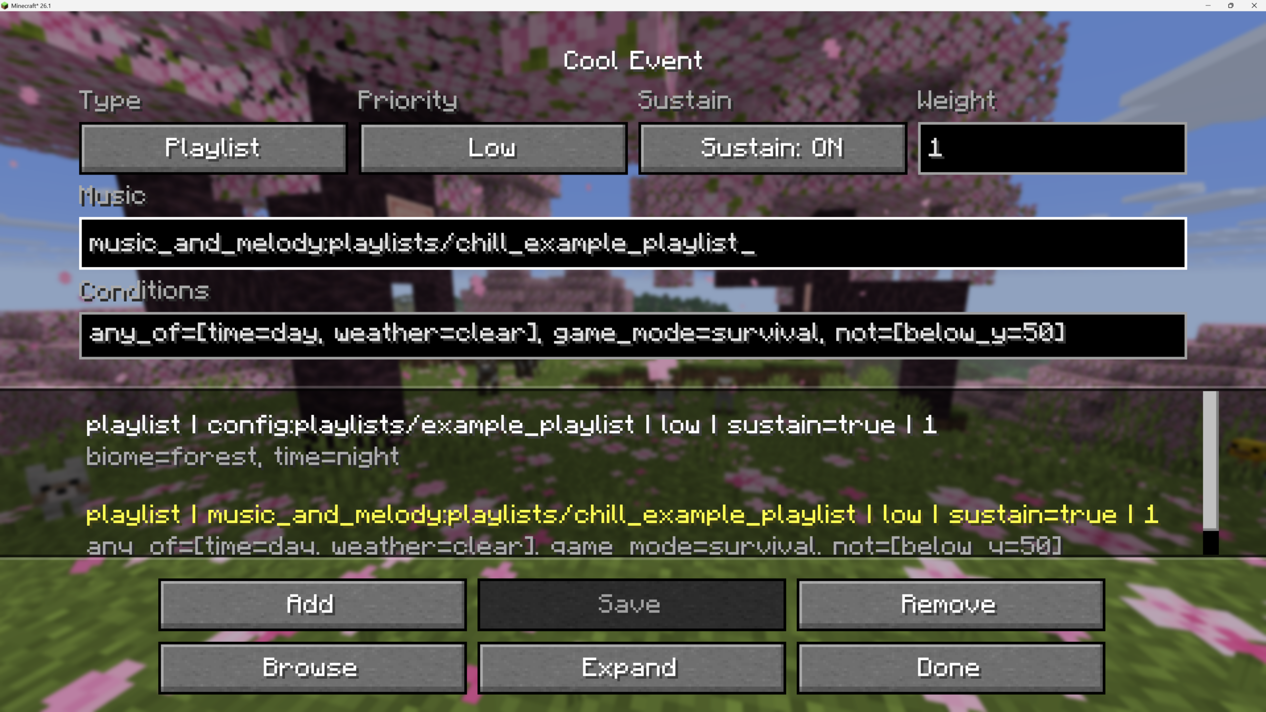 Éditeur d’événements du mod Music & Melody dans Minecraft