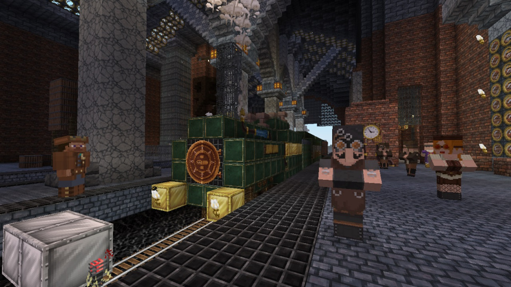 Gare souterraine Minecraft avec locomotive verte, voies ferrées et personnages aux textures steampunk.