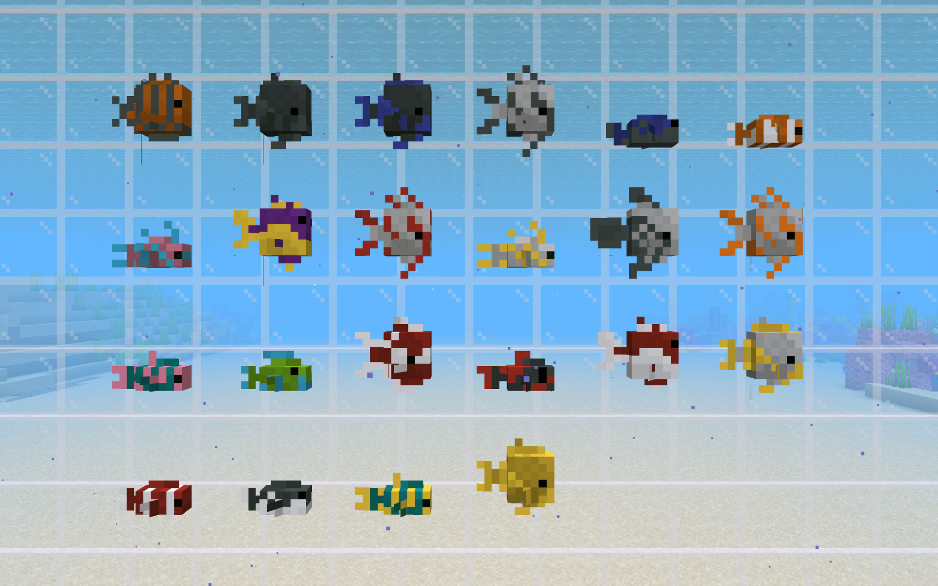 Les 22 variétés reconnaissables de poissons tropicaux dans Minecraft, dont le poisson-clown et le chirurgien bleu.