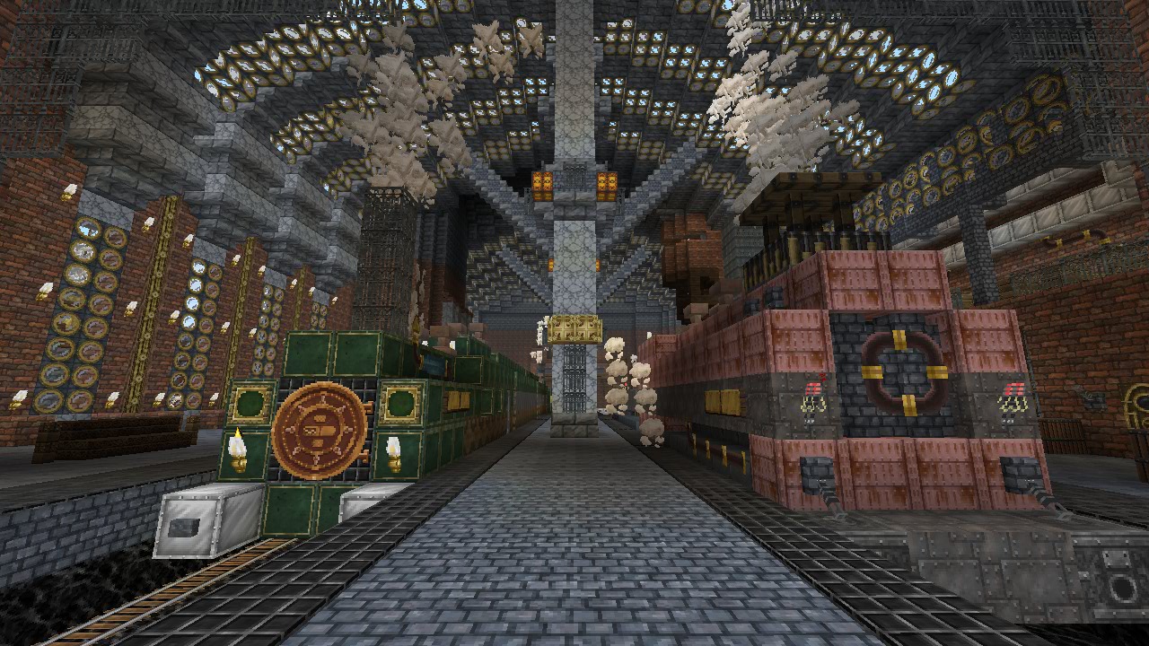 Deux locomotives aux textures vertes et cuivrées dans une grande gare Minecraft avec le Steampunk Texture Pack.