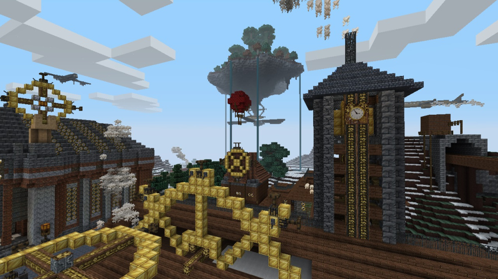 Construction steampunk dans Minecraft avec tour d’horloge, éléments dorés et dirigeables dans le ciel.