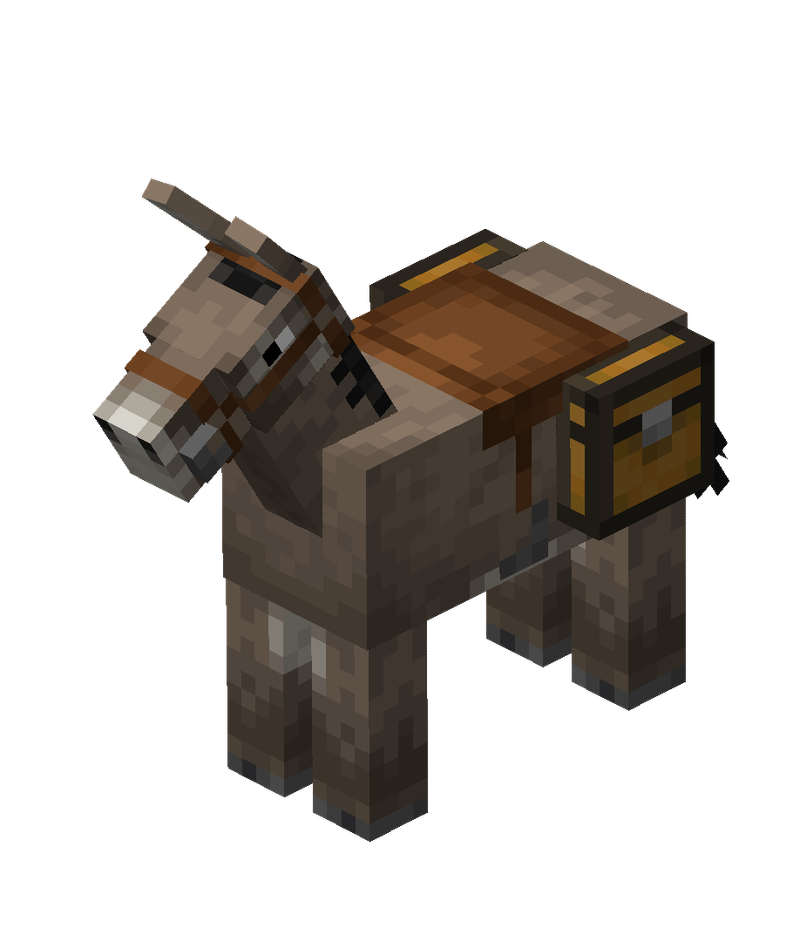 Âne de Minecraft équipé d’une selle et d’un coffre.