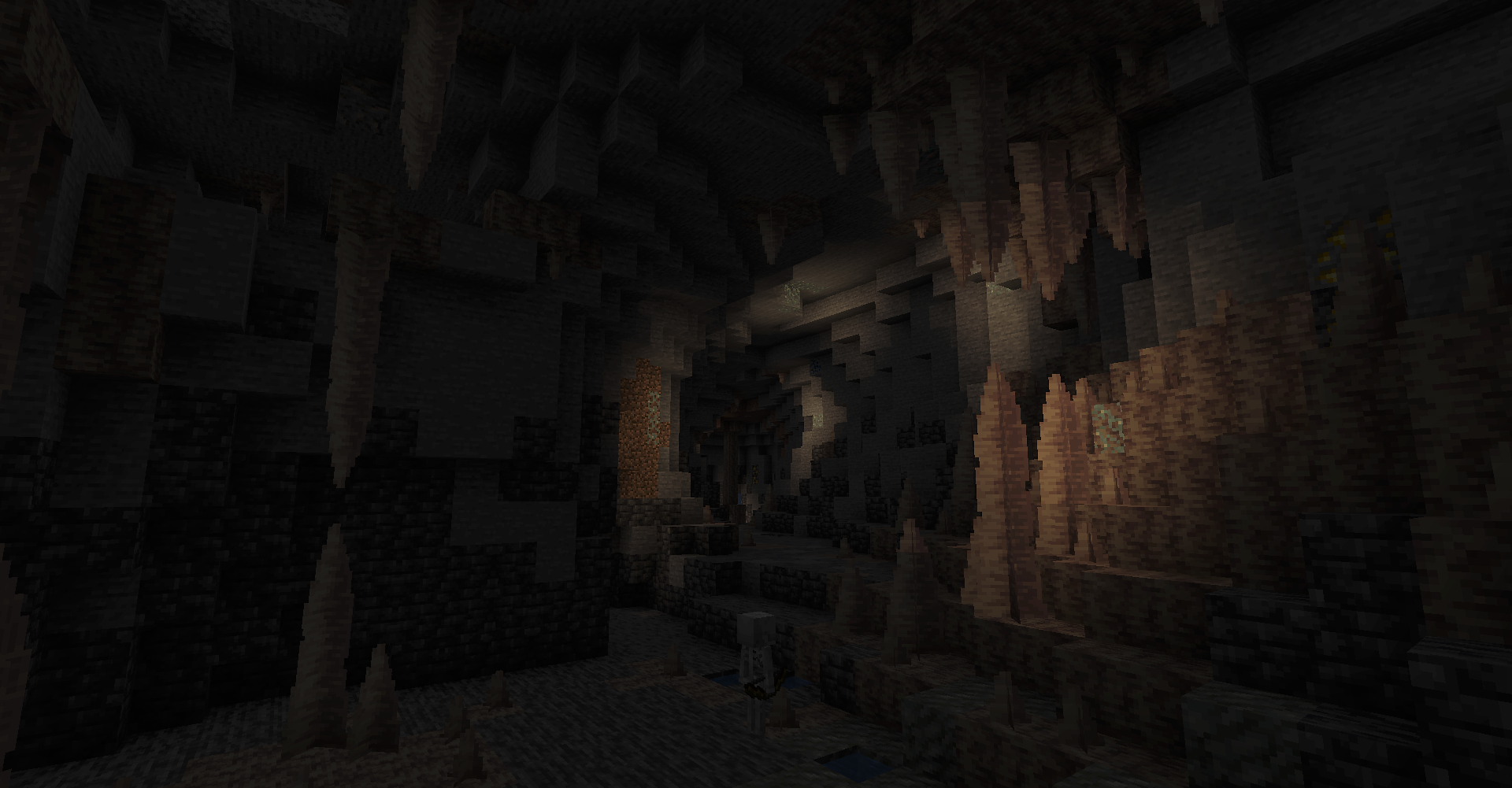 Grande caverne de spéléothèmes dans Minecraft avec stalactites et stalagmites