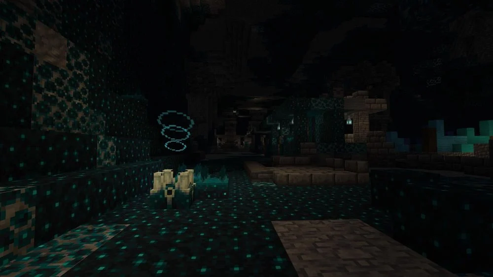 Aperçu du biome des abîmes de Minecraft, avec des blocs de sculk dans une grotte sombre.