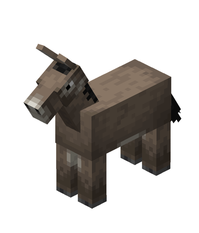 Âne de Minecraft avec ses longues oreilles et sa robe gris-brun.