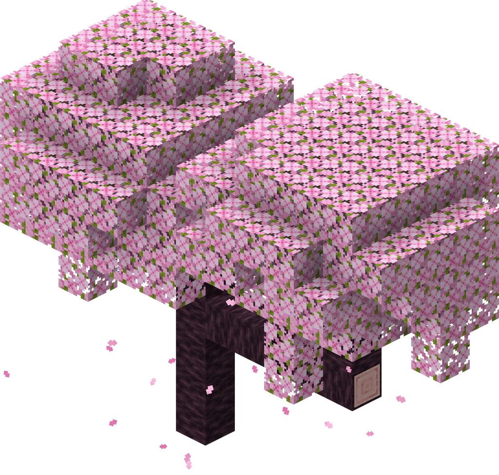 Arbre de cerisier avec tronc sombre et feuillage rose dans Minecraft.