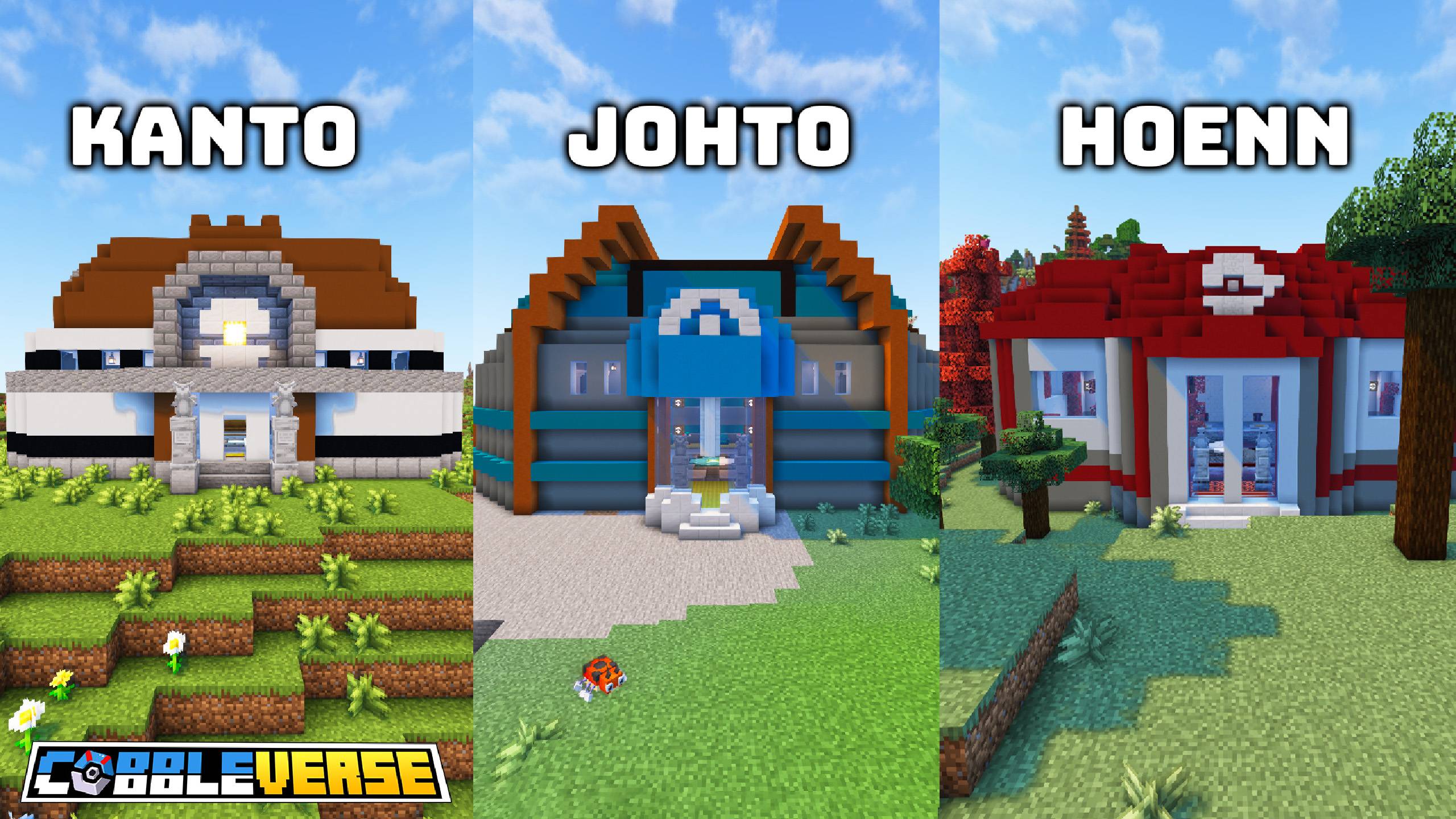 Arènes inspirées de Kanto, Johto et Hoenn dans un monde Minecraft avec Cobblemon