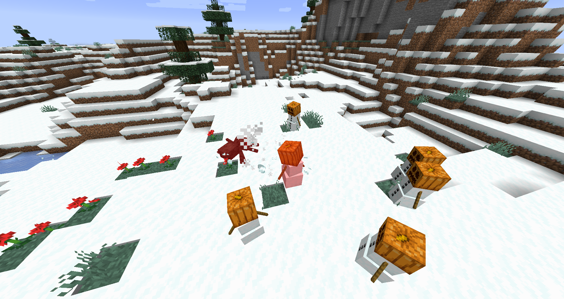 Golem de neige lançant des boules de neige sur des monstres dans Minecraft.