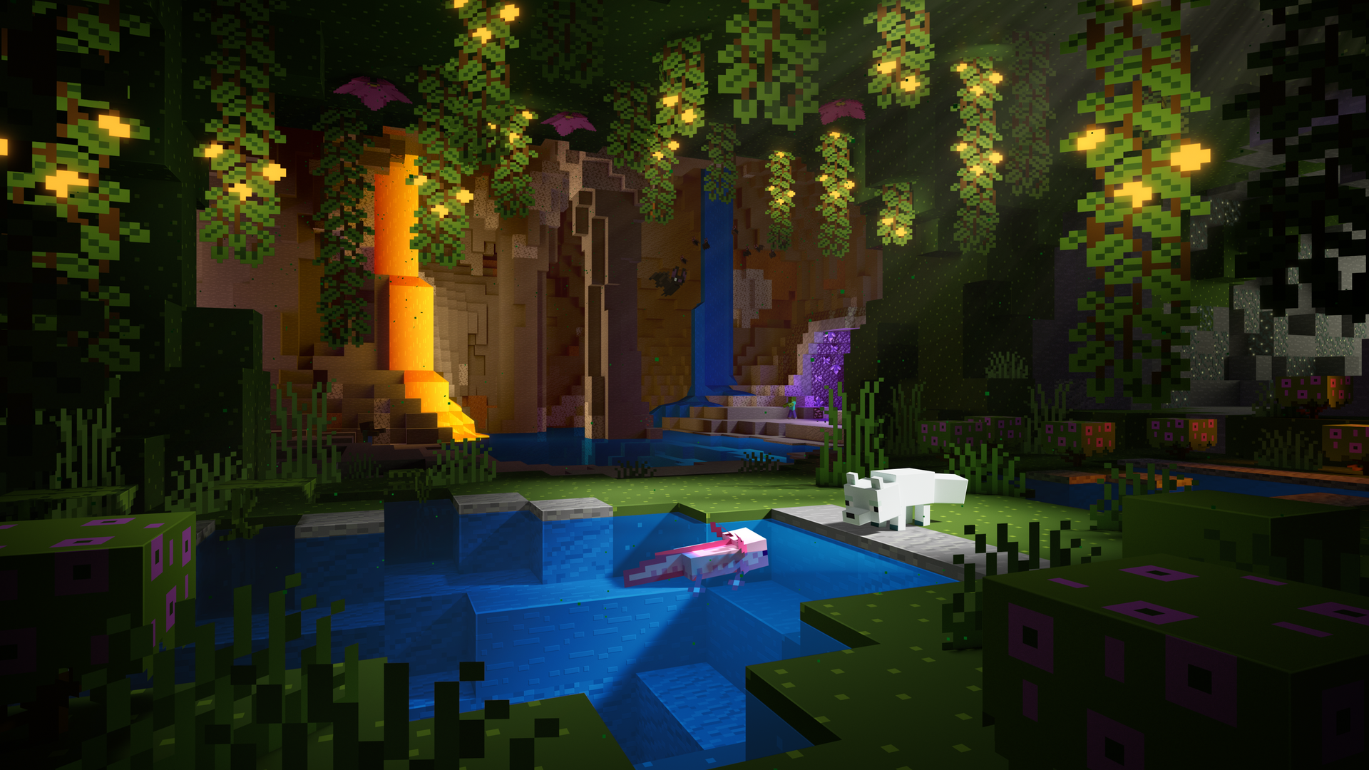 Axolotl dans un bassin d’eau d’une caverne luxuriante de Minecraft.