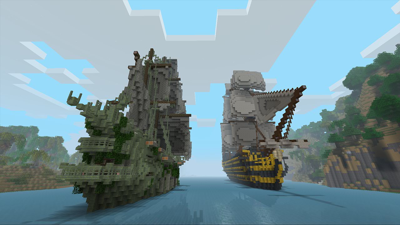 Deux navires de pirates construits dans Minecraft avec le pack Pirates of the Caribbean Mash-up, dont un galion sombre et un navire à voiles blanches