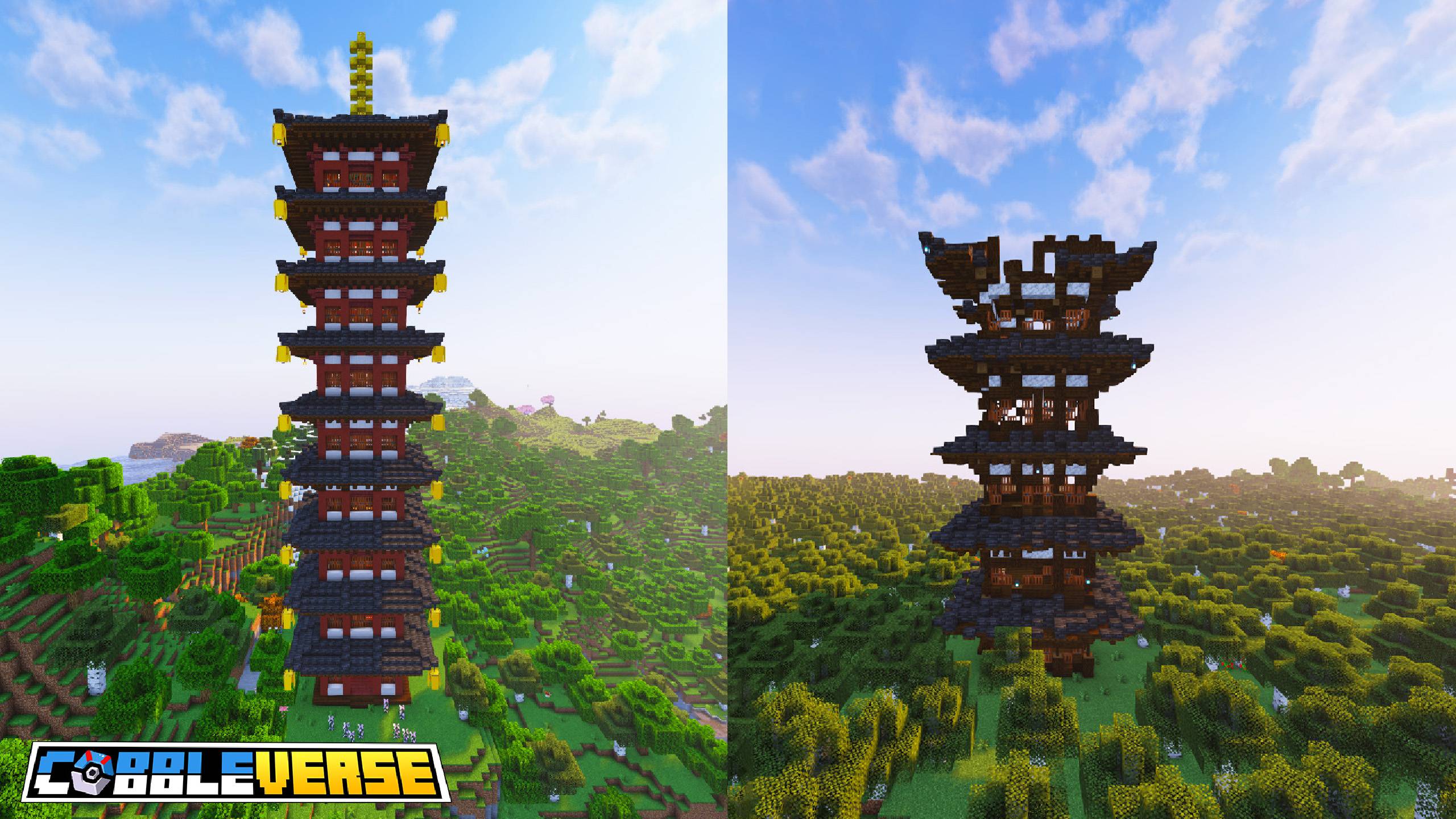 Bell Tower et Burned Tower inspirées de Johto dans un monde Minecraft Cobblemon