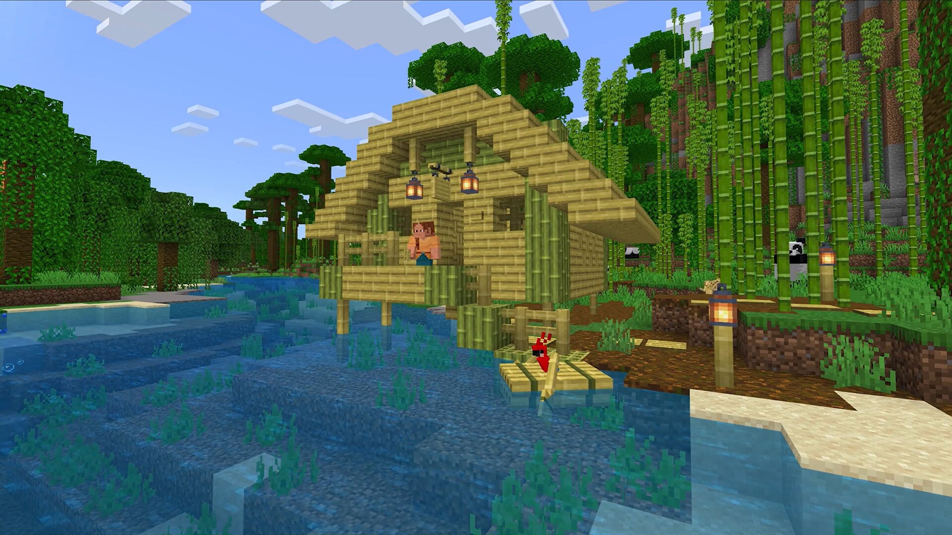 Cabane en bois construite au milieu d’une jungle dans Minecraft.