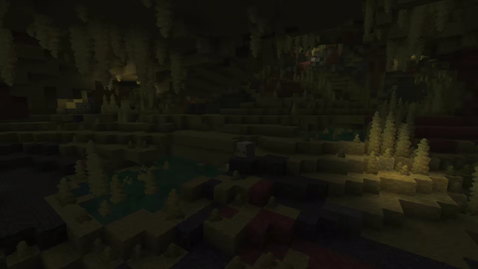 Biome des cavernes de soufre dans Minecraft avec soufre et cinabre.