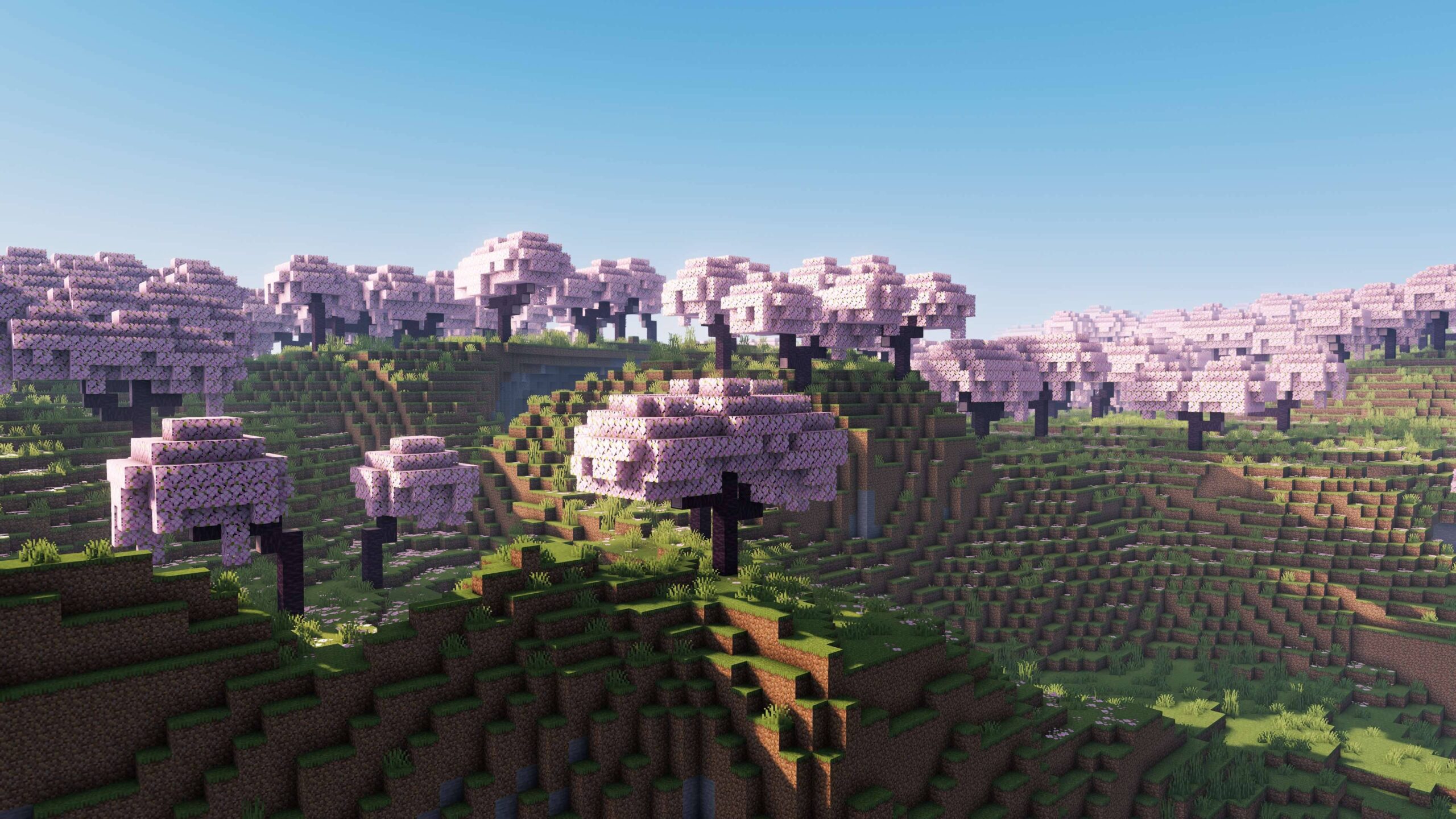 Paysage de cerisiers dans Minecraft avec E-LITE shaders, couleurs douces et éclairage travaillé