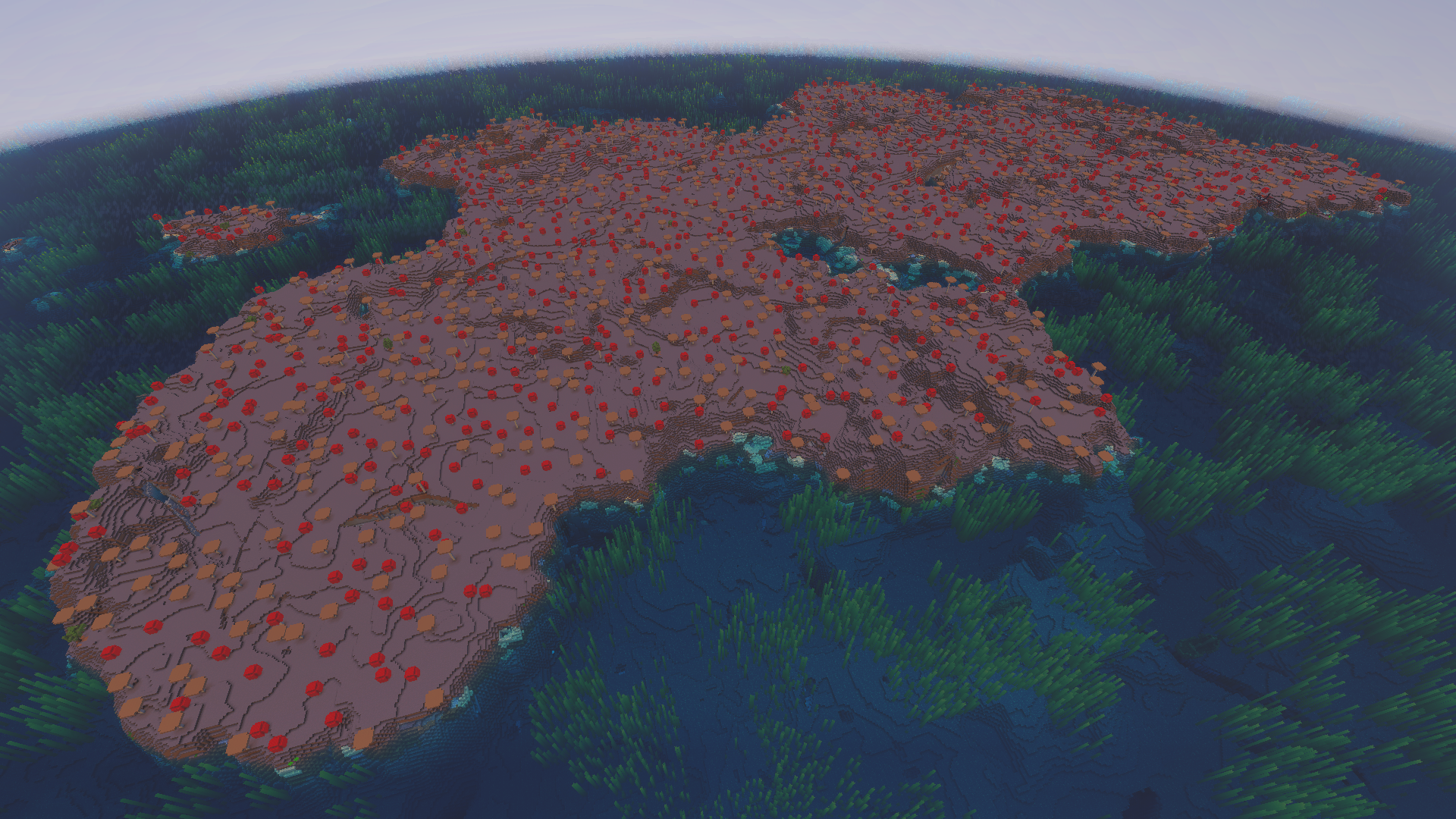 Champs de champignons de Minecraft recouverts de mycélium, avec de grands champignons et des Mooshrooms.