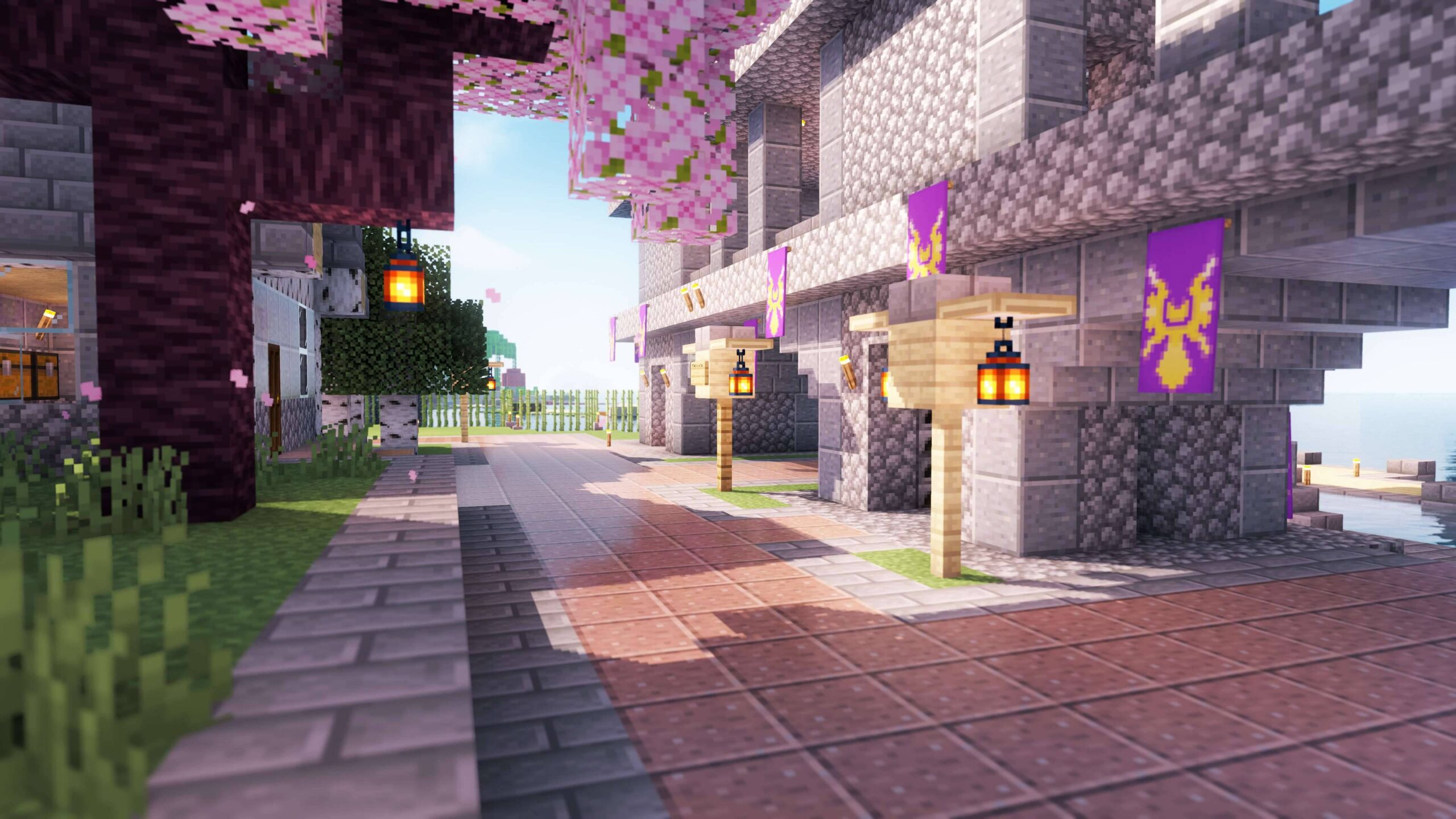 Chemin en bois dans Minecraft avec E-LITE shaders, lumière douce et ombres sur la végétation