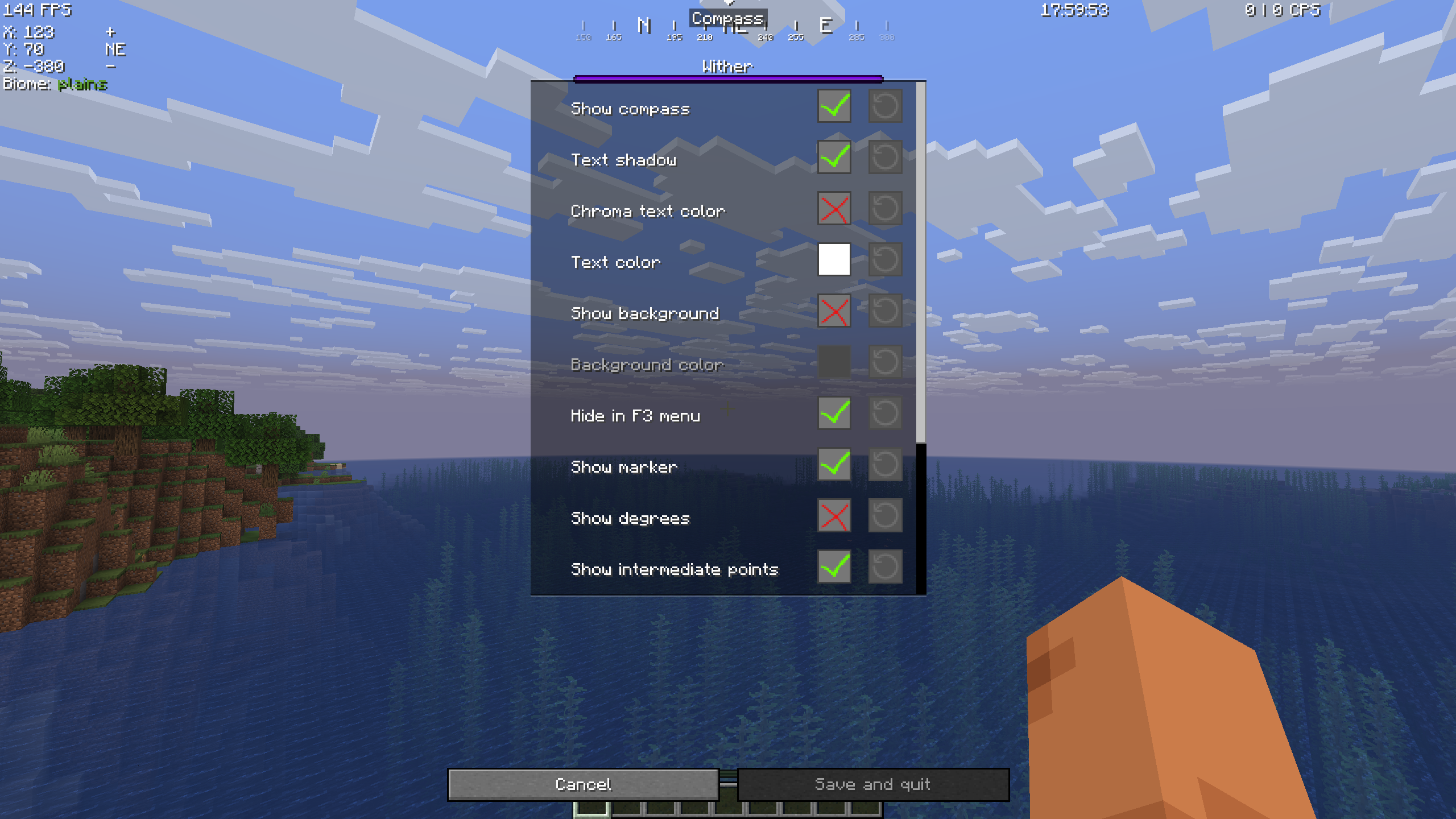 Réglages du module boussole de Flex HUD dans Minecraft avec options de style et de disposition